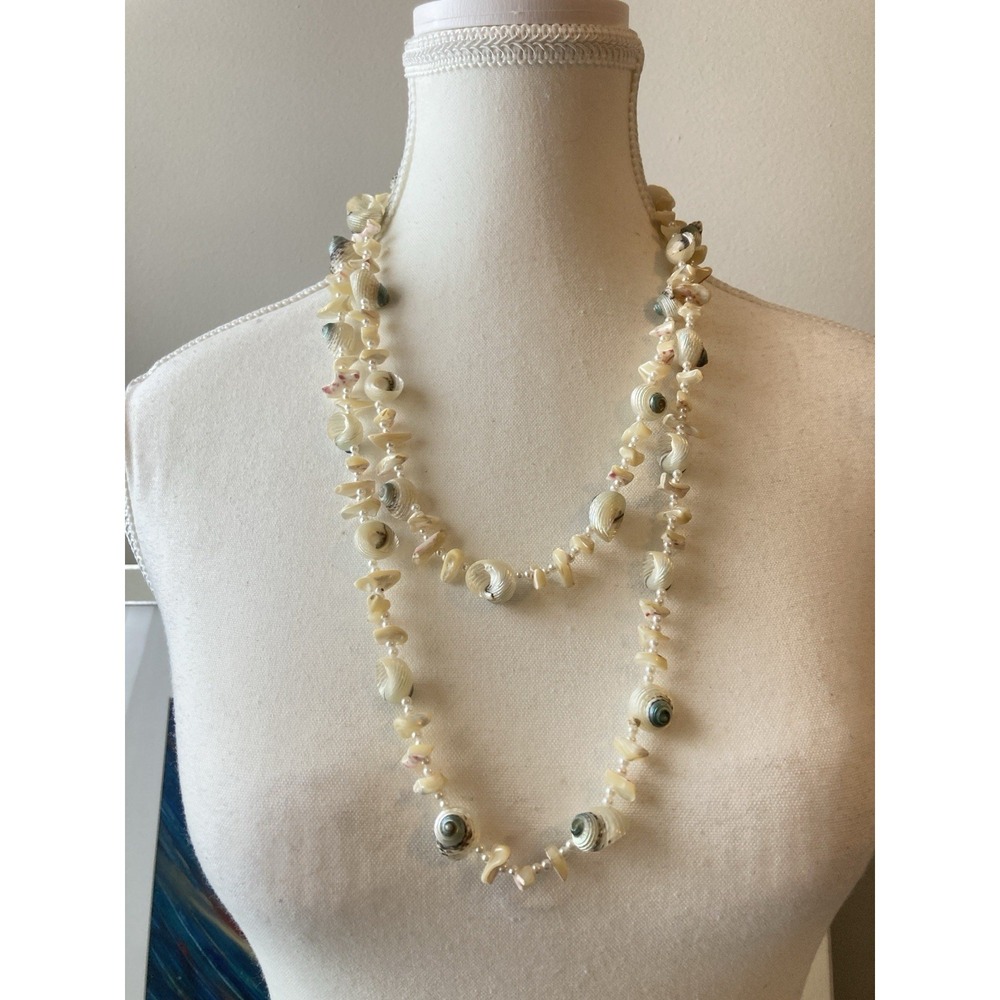 Seashell Necklace Double Strand Cream Shell Faux Pearl Coastal Shell Chip 28in